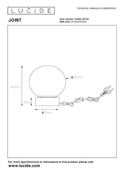 Lucide JORIT - Lampe de table - Ø 20 cm - 1xE27 - Fumé - TECHNISCH